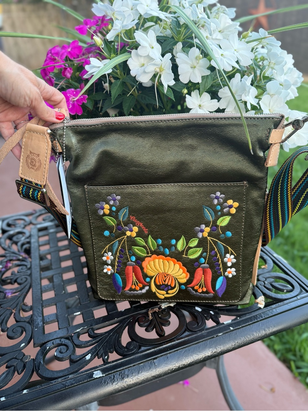NWT Consuela Tour Crossbody Bag Olive Floral Embroidered Leather Trim - Picture 11 of 16